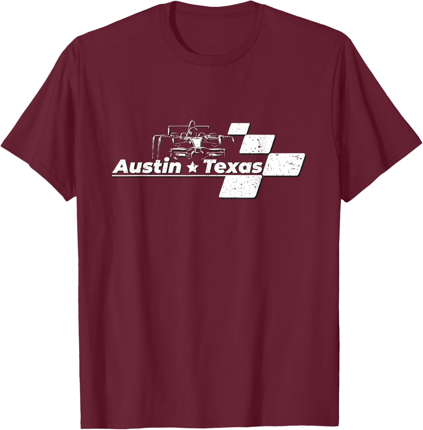 Vintage Checkered Racing Flag Austin Texas Race Car T-Shirt - T-Shirt | Maroon