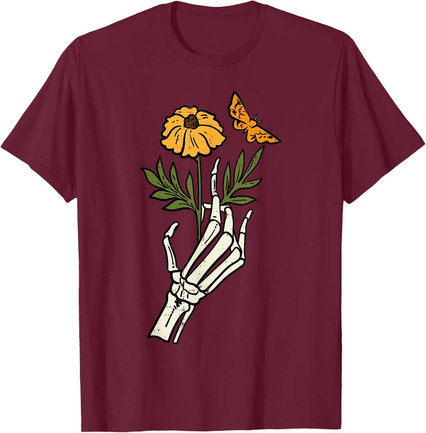 Floral Skeleton Hand Flower Retro Vintage Halloween Women T-Shirt - T-Shirt | Maroon