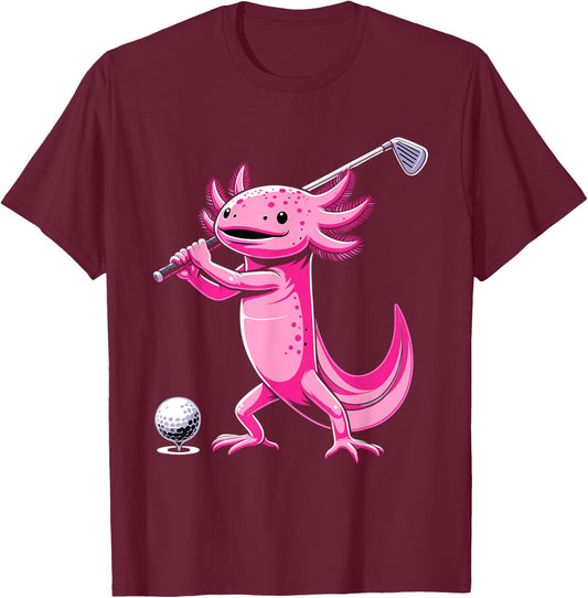 Axolotl Playing Golf Funny Golfing Lover Golfer T-Shirt - T-Shirt | Maroon