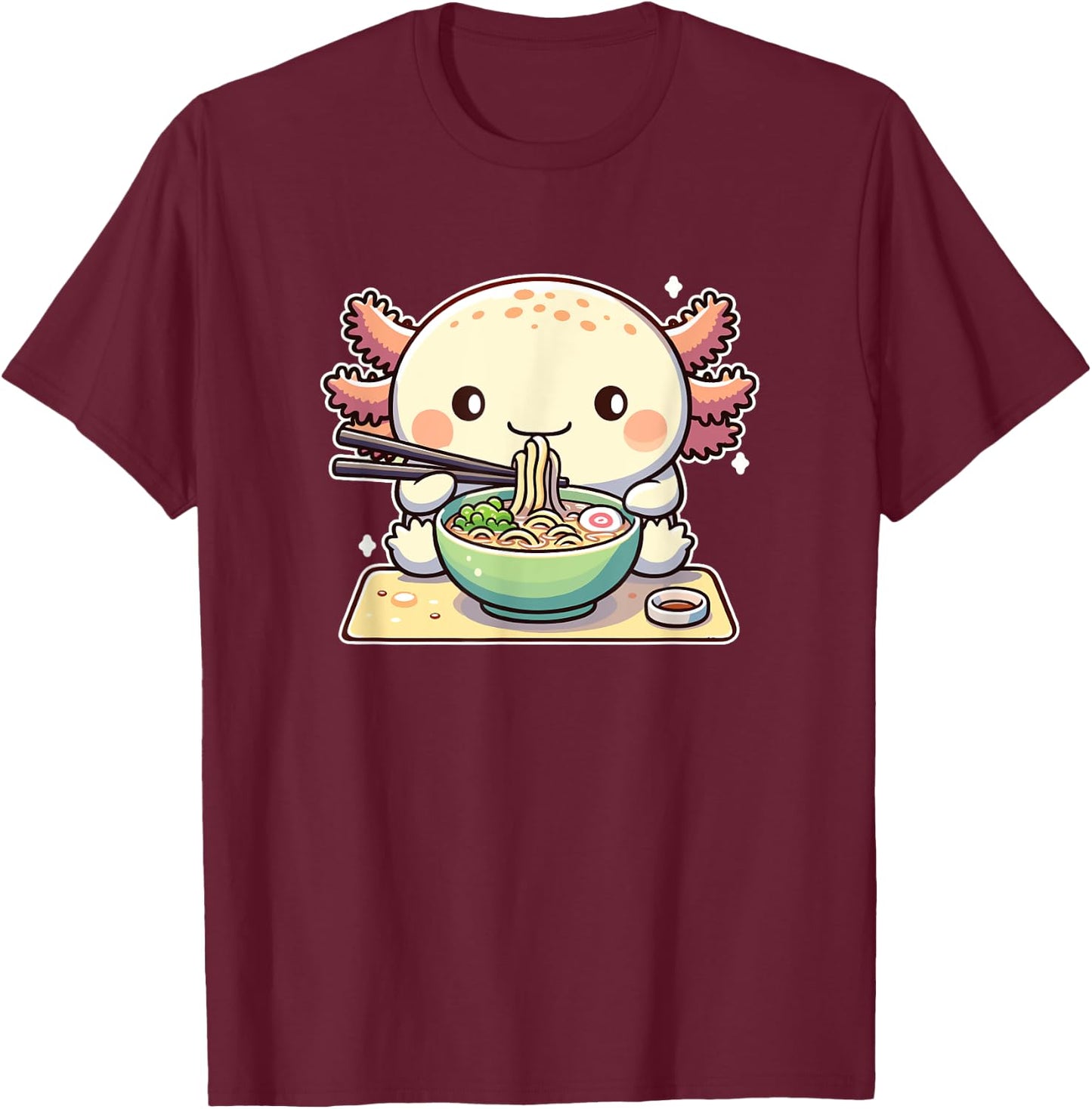 Cute Axolotl Eats Ramen Noodles Axolotls Ramen T-Shirt - T-Shirt | Maroon