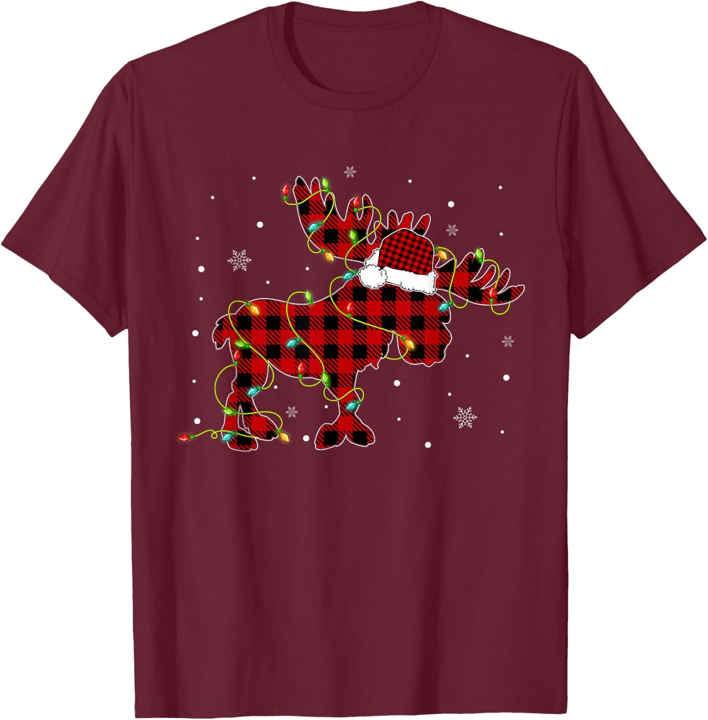 Red Buffalo Plaid Moose Santa Hat Christmas Tree Lights Xmas T-Shirt - T-Shirt | Maroon