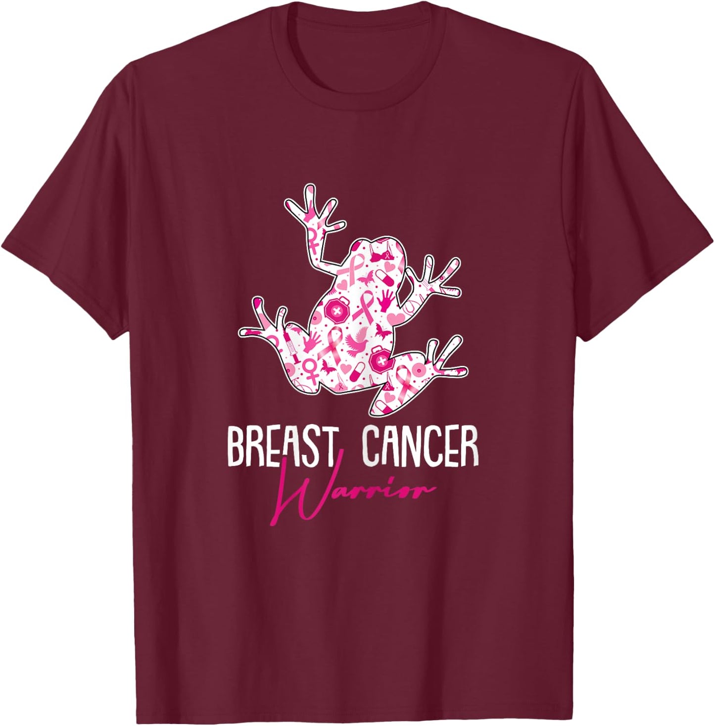 Breast Cancer Warrior Awareness Ribbon Frog Lover Survivor T-Shirt - T-Shirt | Maroon