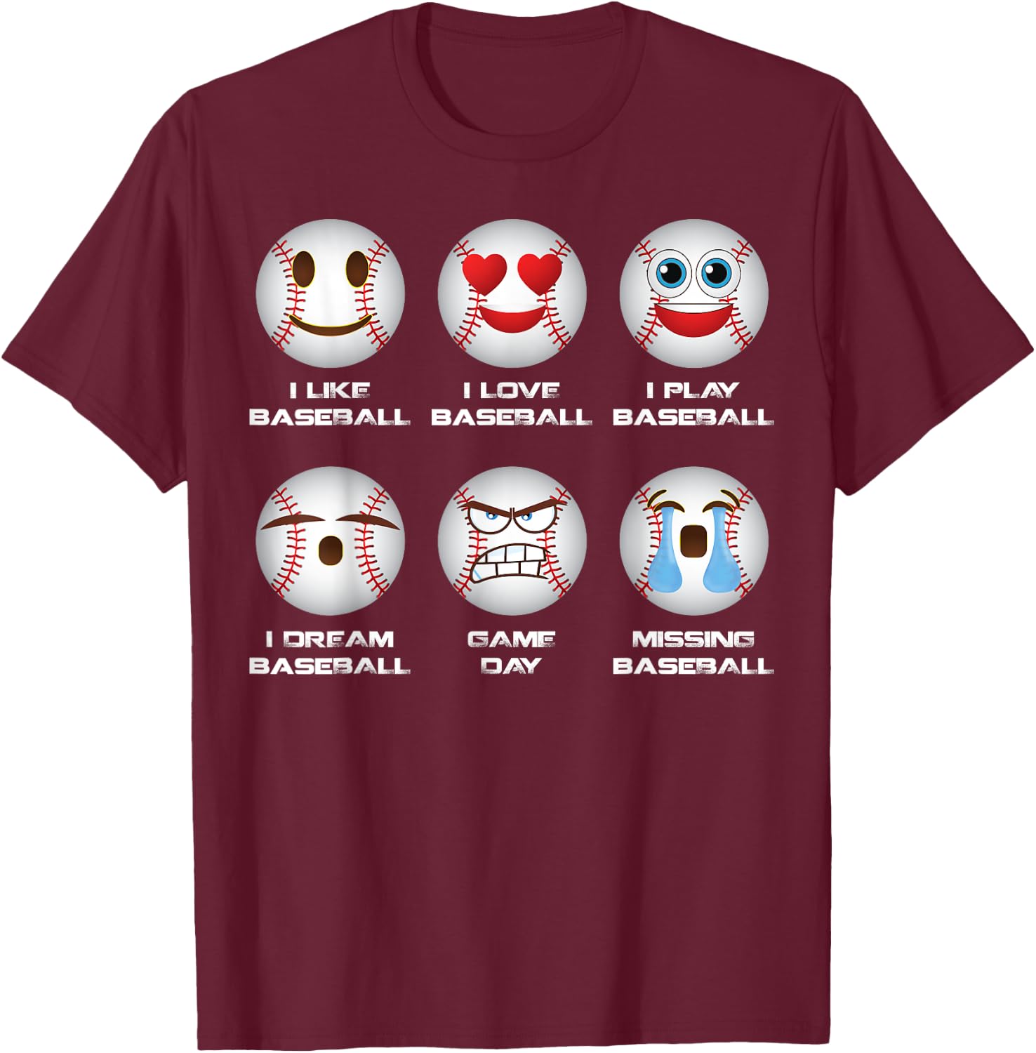 Baseball Emoji I Love Baseball Emoticon Social Baseball Fun T-Shirt - T-Shirt | Maroon