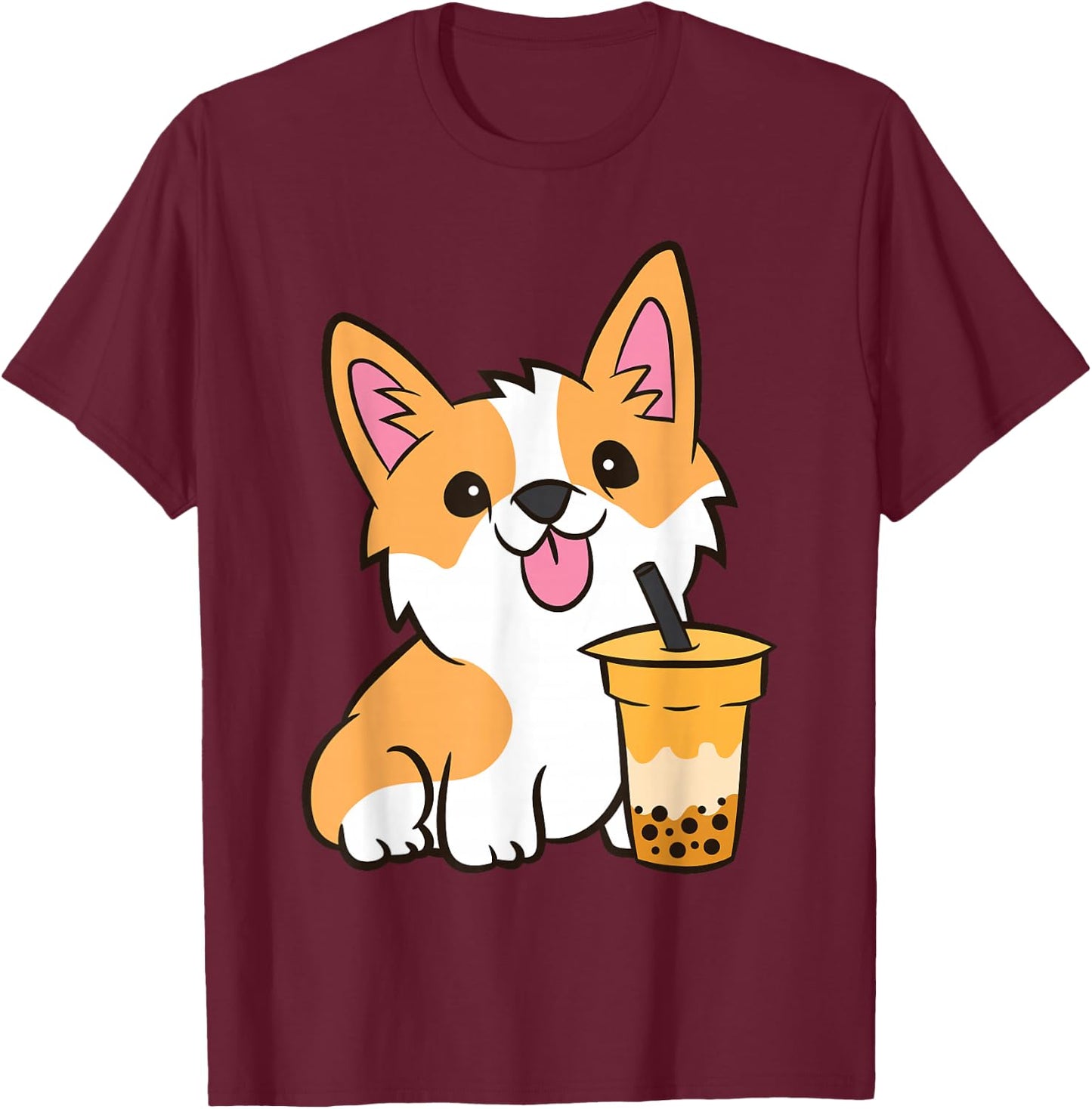 Kawaii Corgi Dog Drinking Bubble Tea Boba Tea Corgi Puppy T-Shirt - T-Shirt | Maroon