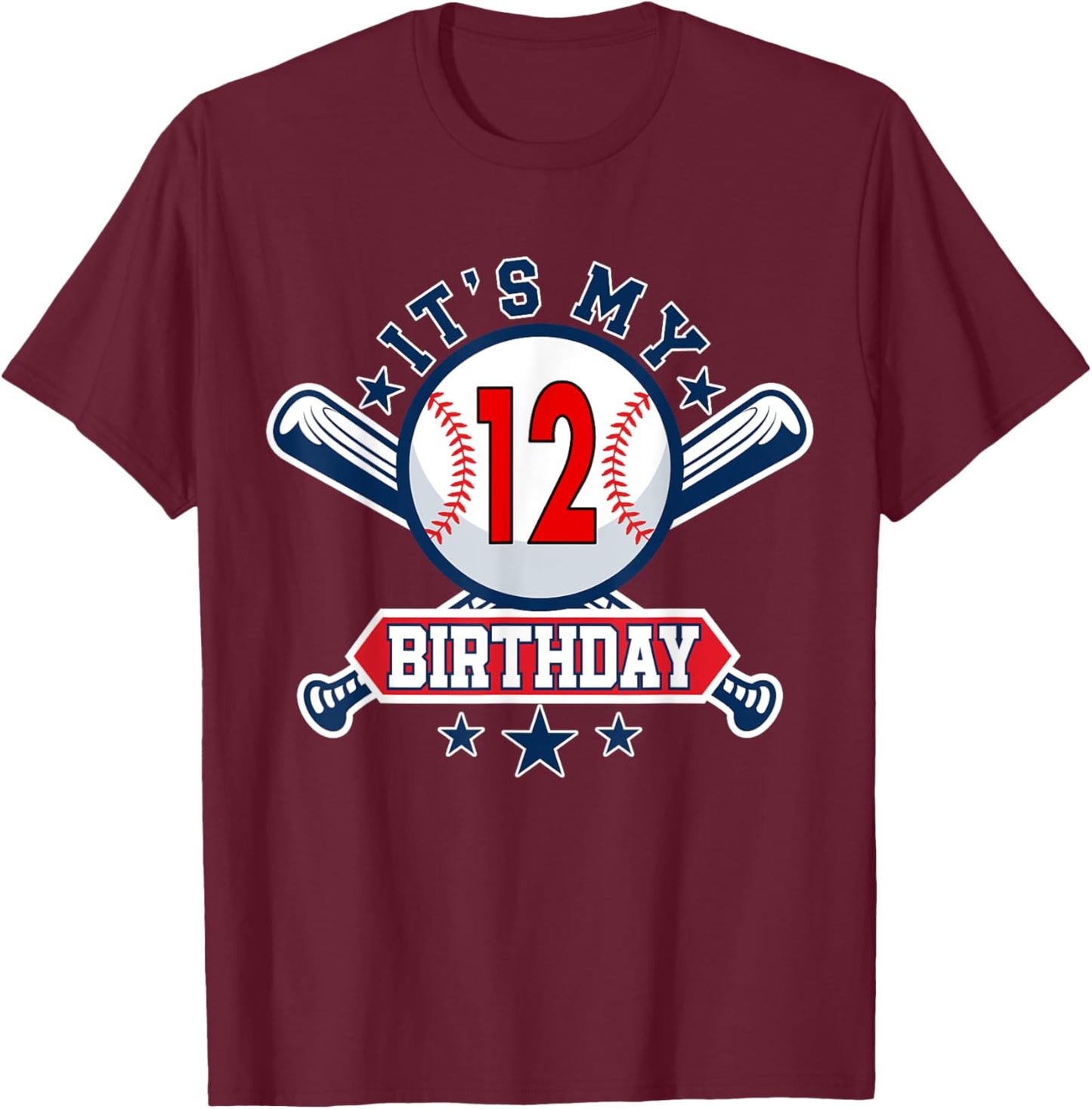 12 Years Old Kids Baseball Player 12th Birthday Party Boys T-Shirt - T-Shirt | Maroon