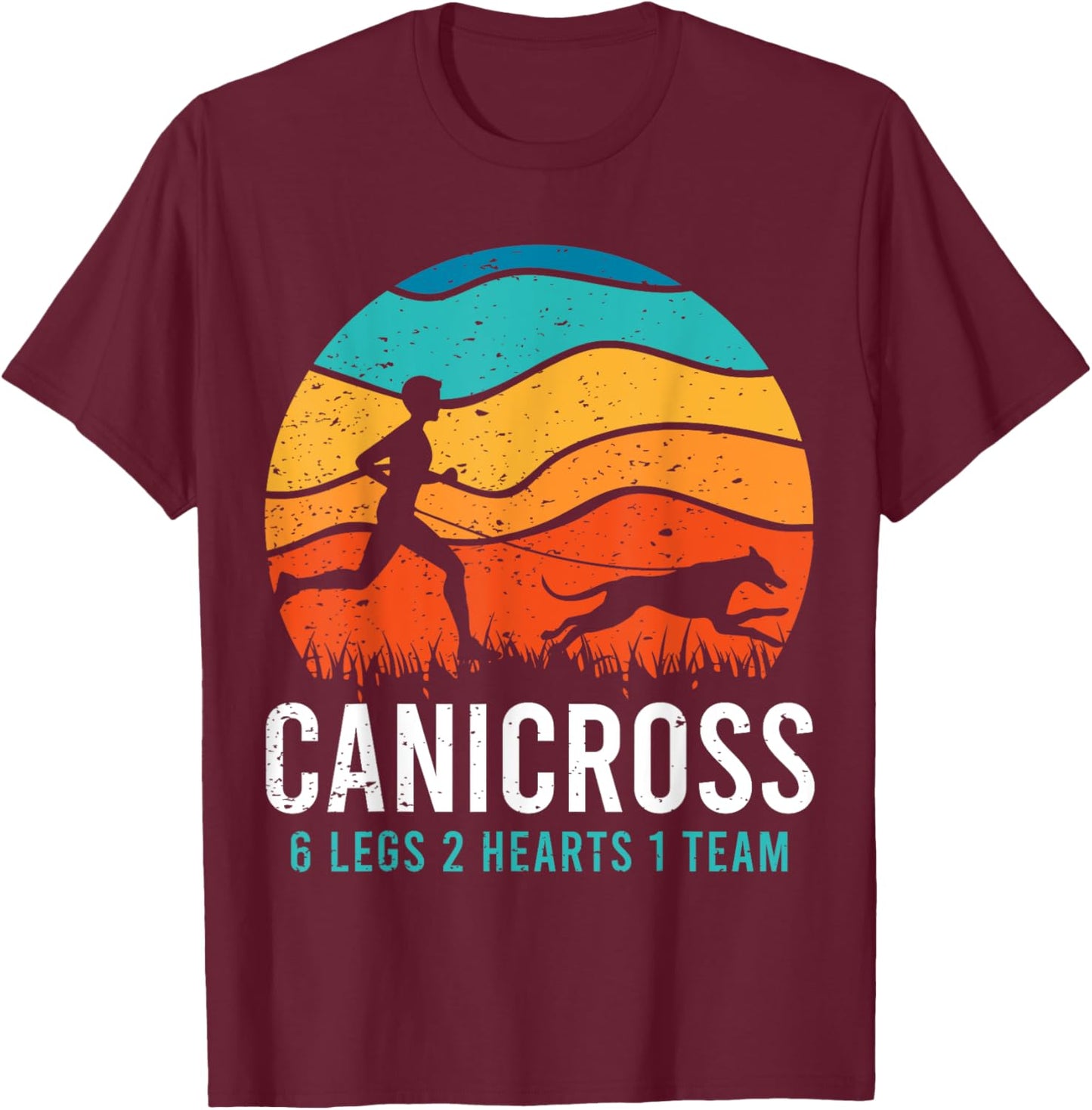 Canicross 6 Legs 2 Hearts 1 Team Funny Dog Running Lover Pun Men Women Girls Kids T-Shirt - T-Shirt | Maroon