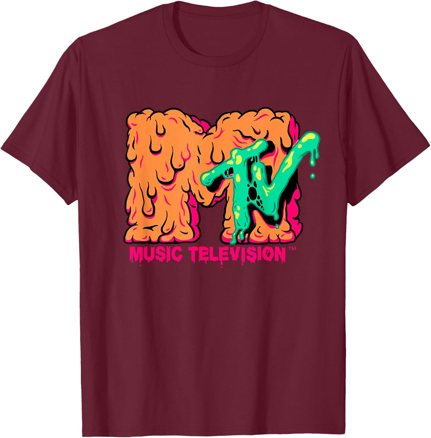 Mademark x MTV - MTV Logo Orange Slimy Goo Green Slime Melted MTV T-Shirt - T-Shirt | Maroon