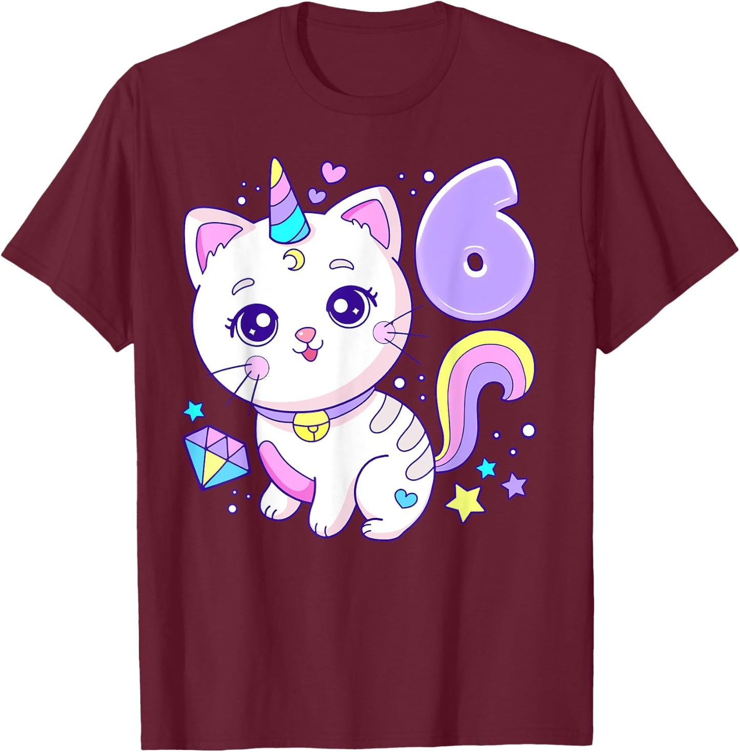 Birthday girl 6 years old, cat, unicorn, 6th birthday T-Shirt - T-Shirt | Maroon