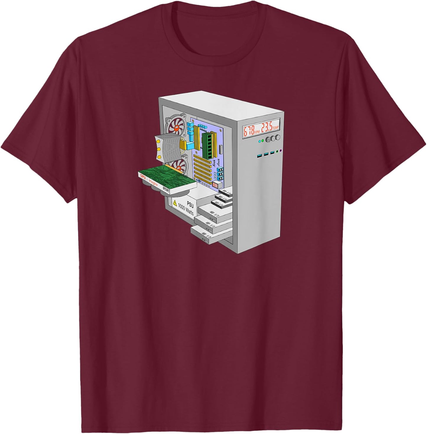 PC Computer Build Case with CPU, Cooler, GPU, RAM, SSD etc. T-Shirt - T-Shirt | Maroon