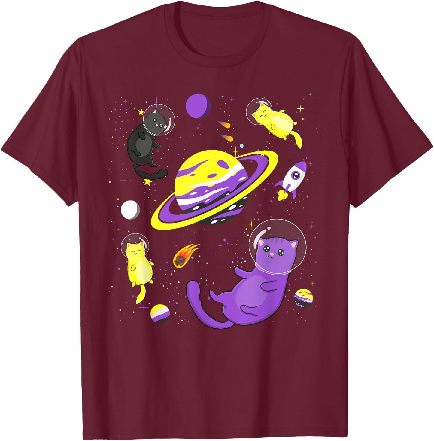 Funny Cat In Space Non-Binary Flag Agender Genderqueer Pride Women T-Shirt - T-Shirt | Maroon