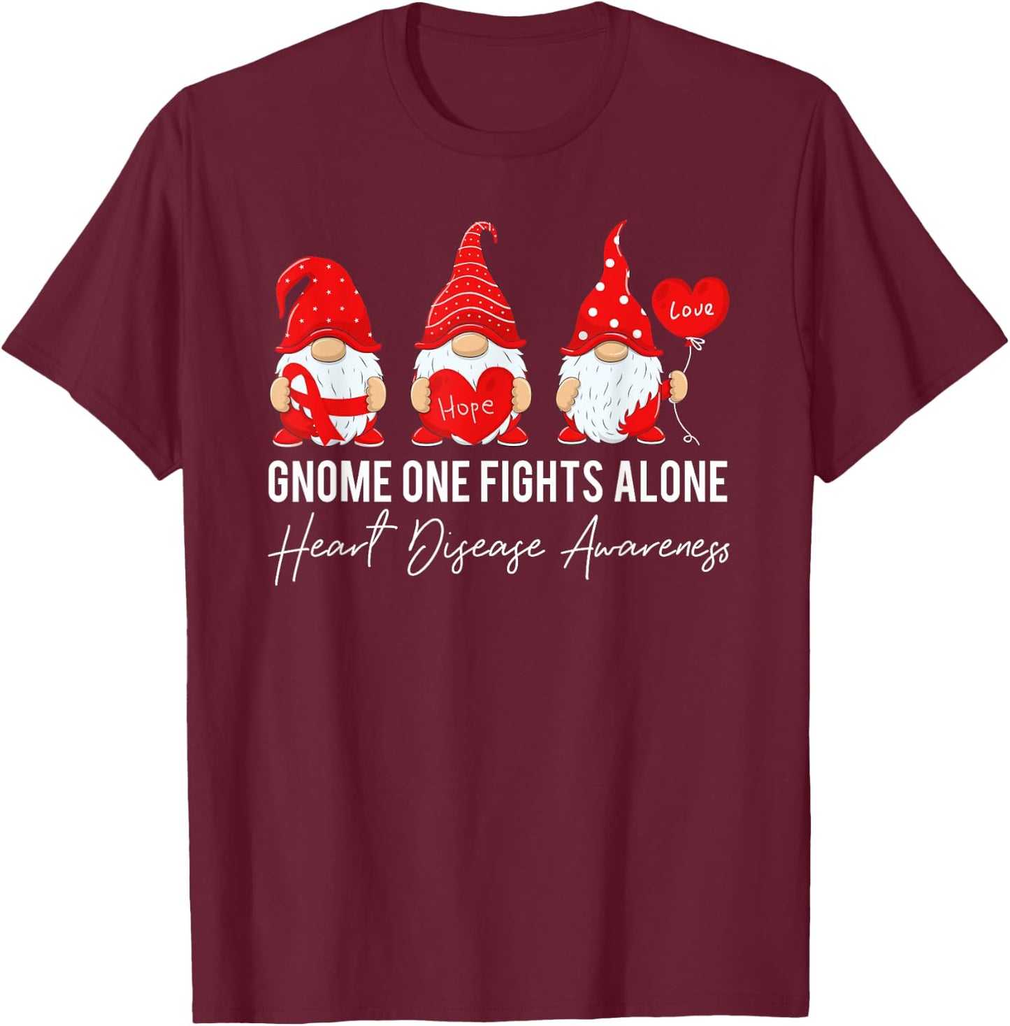 Gnome Fights Heart Disease Awareness Month Red Ribbon T-Shirt - T-Shirt | Maroon