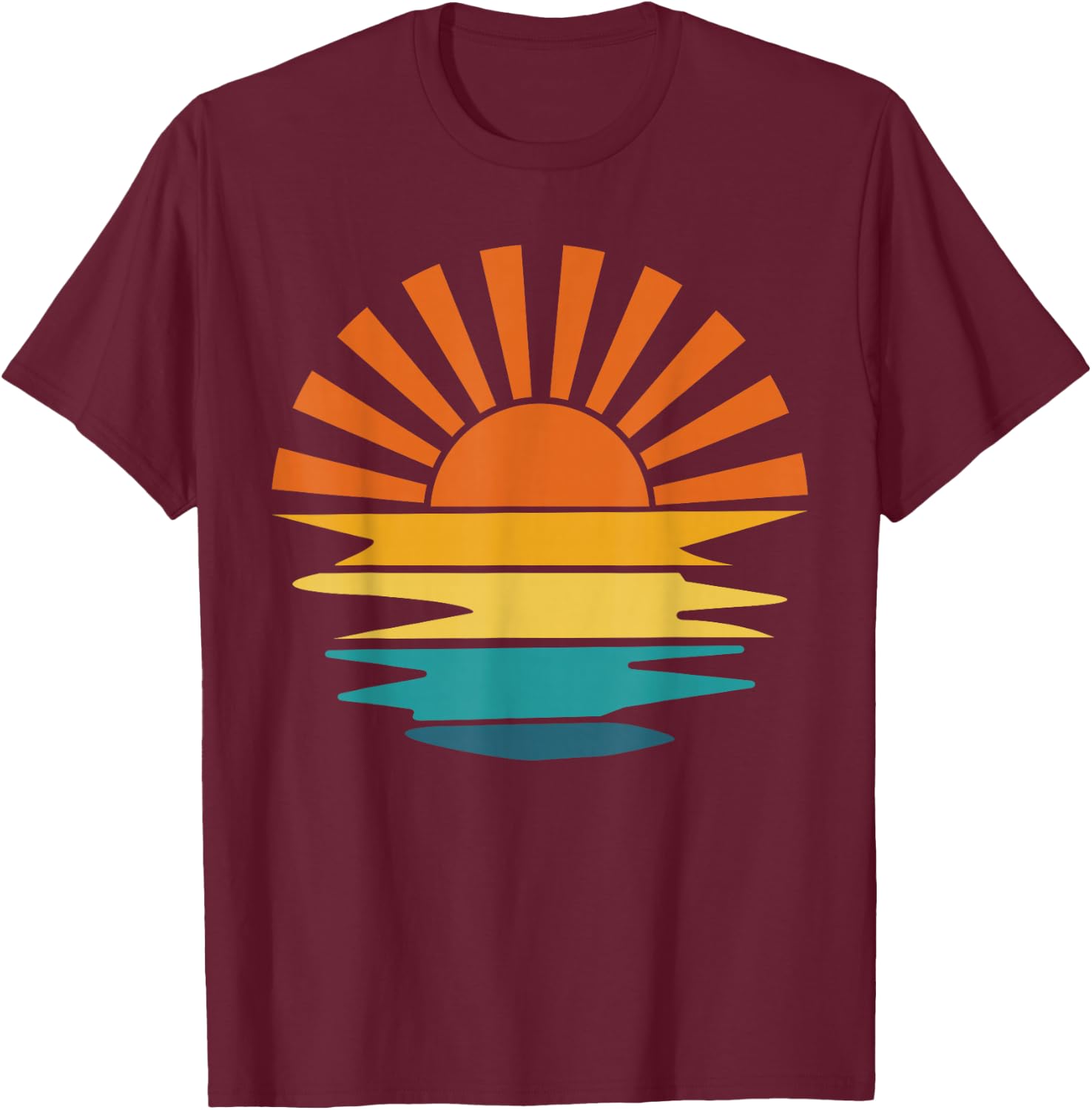 Retro Sunset Rays Wavy Vintage Retro Sunshine Sun Rays vibes T-Shirt - T-Shirt | Maroon