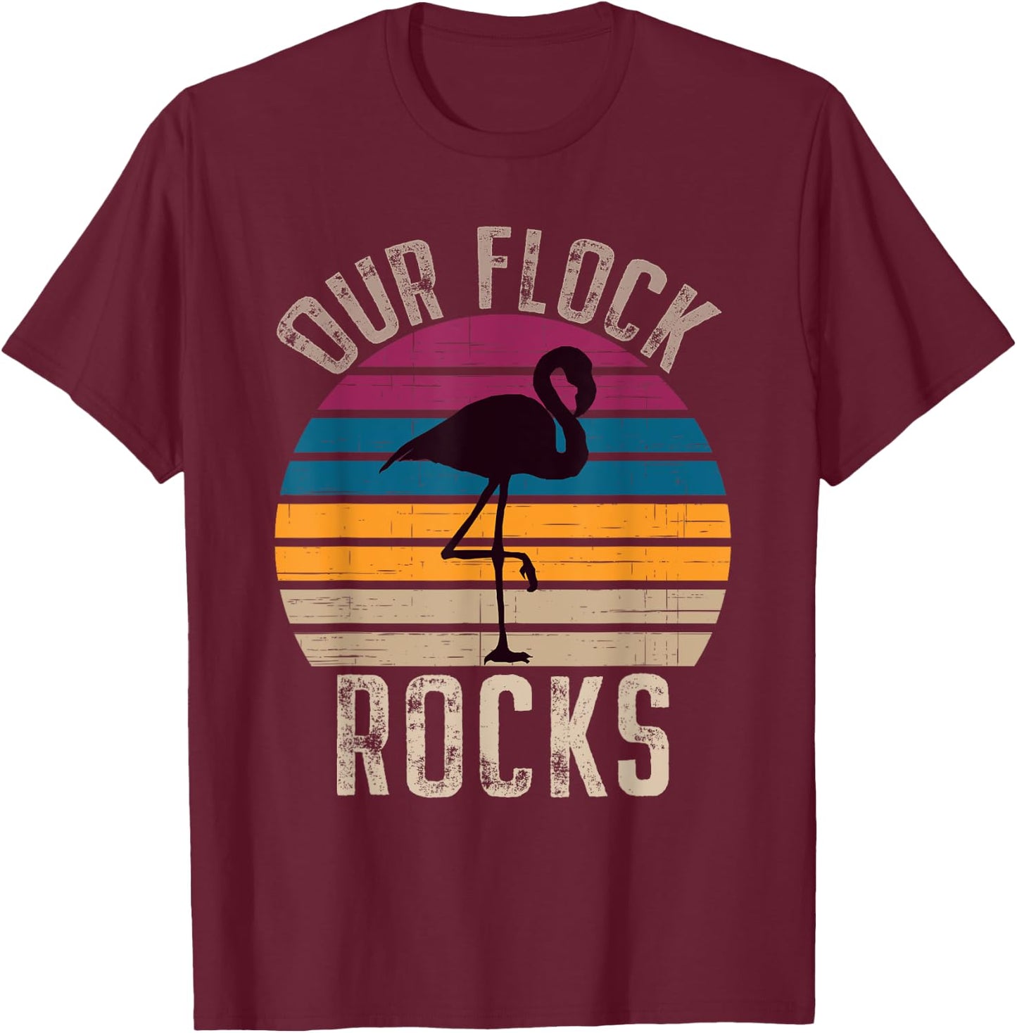 Our Flock Rocks Retro Vintage Flamingo Mothers Day Family T-Shirt - T-Shirt | Maroon