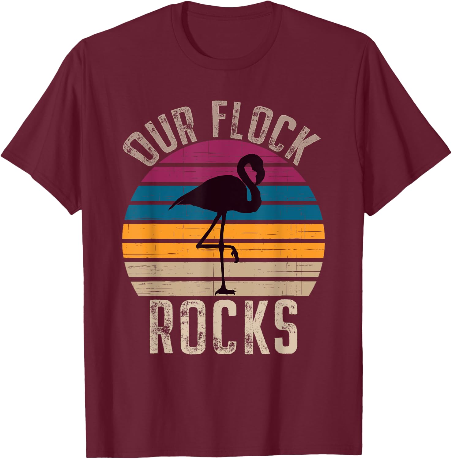 Our Flock Rocks Retro Vintage Flamingo Mothers Day Family T-Shirt - T-Shirt | Maroon