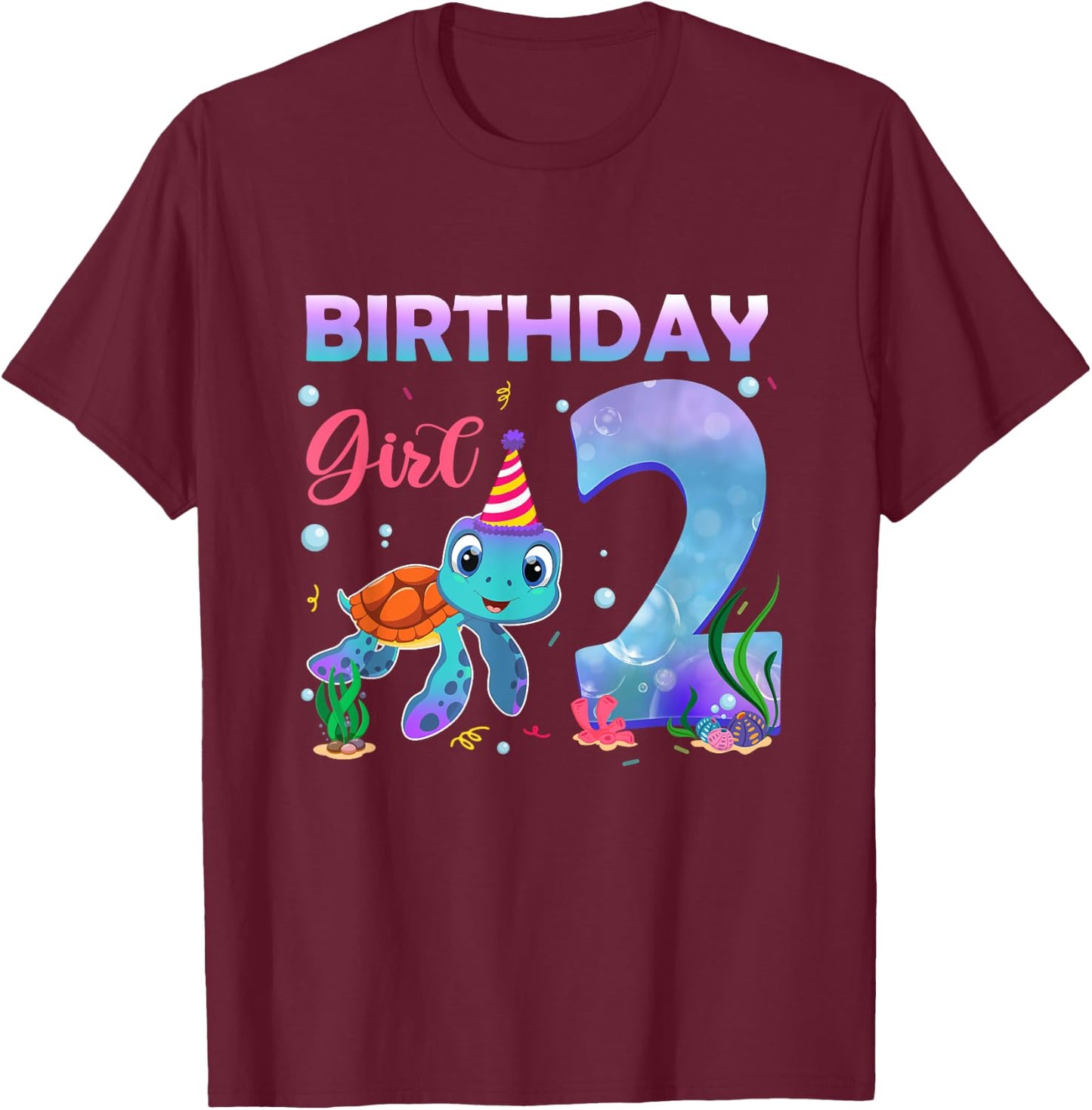 2ND Birthday Girl Sea Turtle 2 Year Old Ocean Aquarium Girls T-Shirt - T-Shirt | Maroon