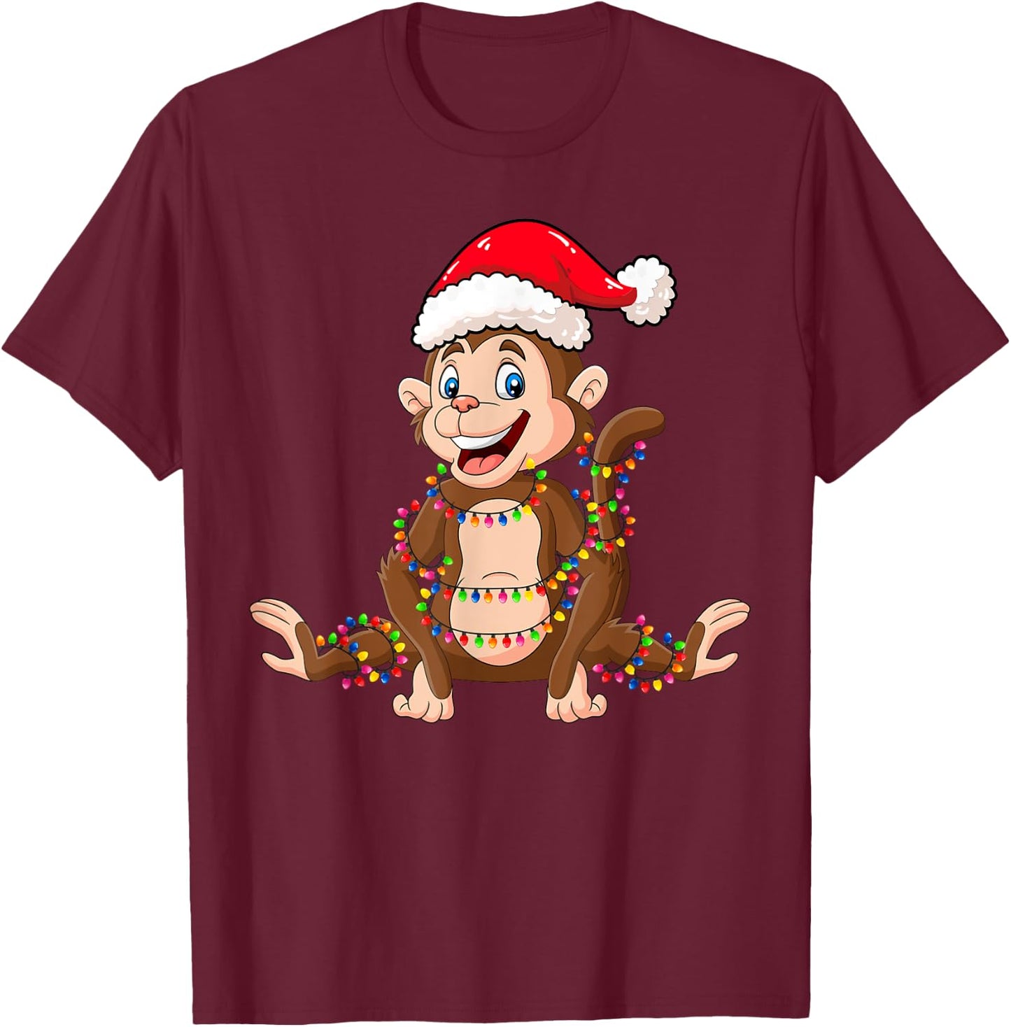 Christmas Lights Monkey Wearing Xmas Hat - Cute Monkey Lover T-Shirt - T-Shirt | Maroon