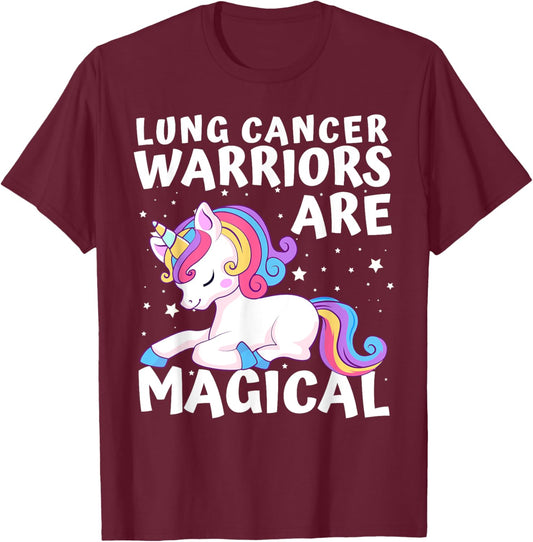 Warriors Are Magical Lung Cancer Awareness Unicorn White T-Shirt - T-Shirt | Maroon