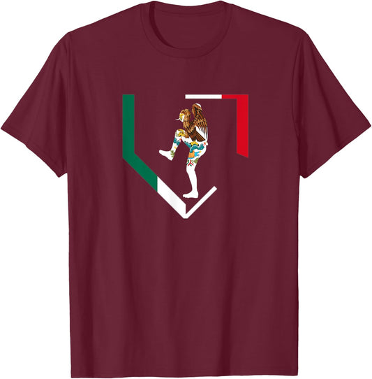 Mexico Baseball Pitcher Mexican Flag Home Plate Béisbol Team T-Shirt - T-Shirt | Maroon