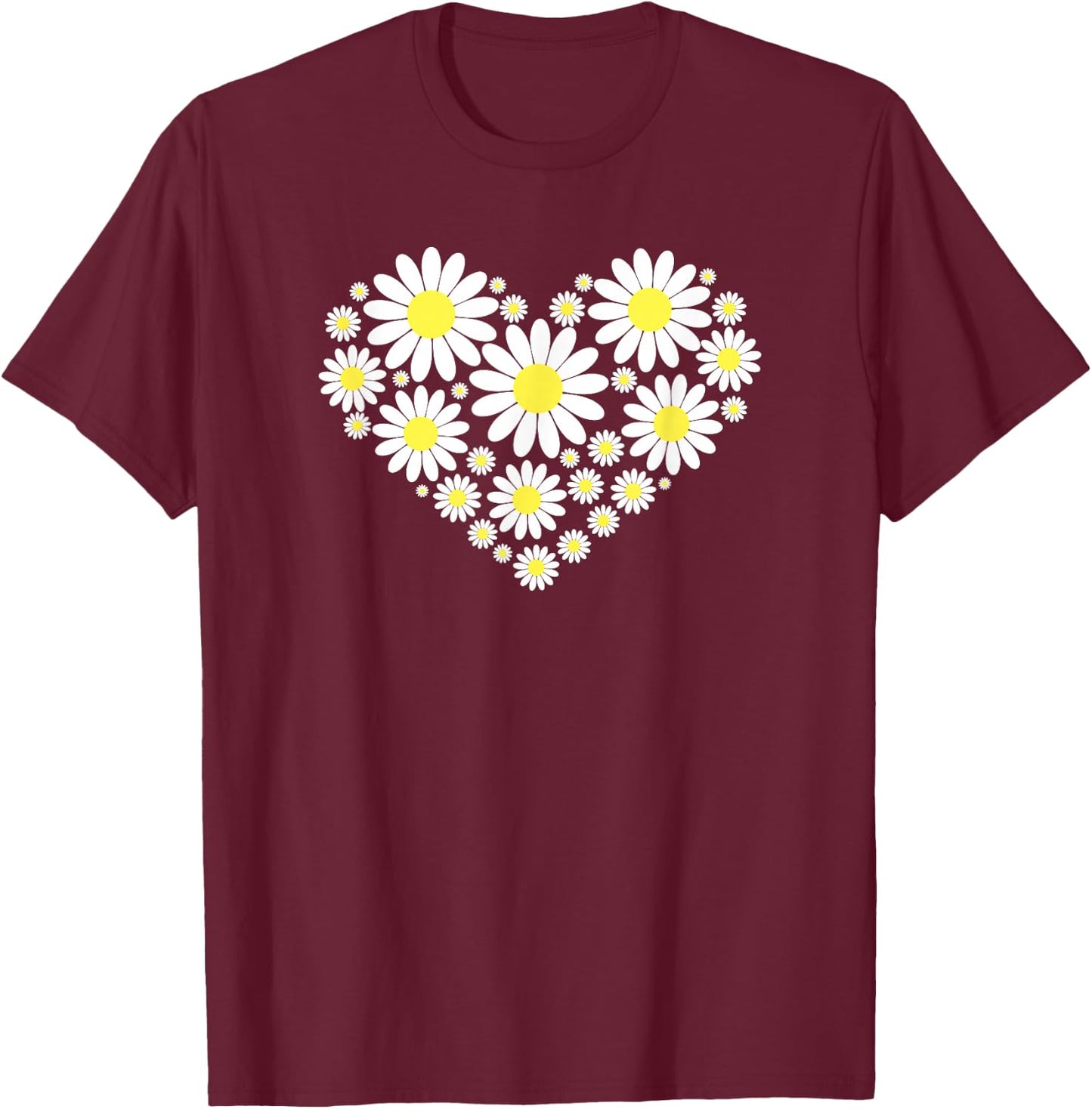Threadrock Heart of Daisy Flowers -Adults, Girls Black Floral T-Shirt - T-Shirt | Maroon