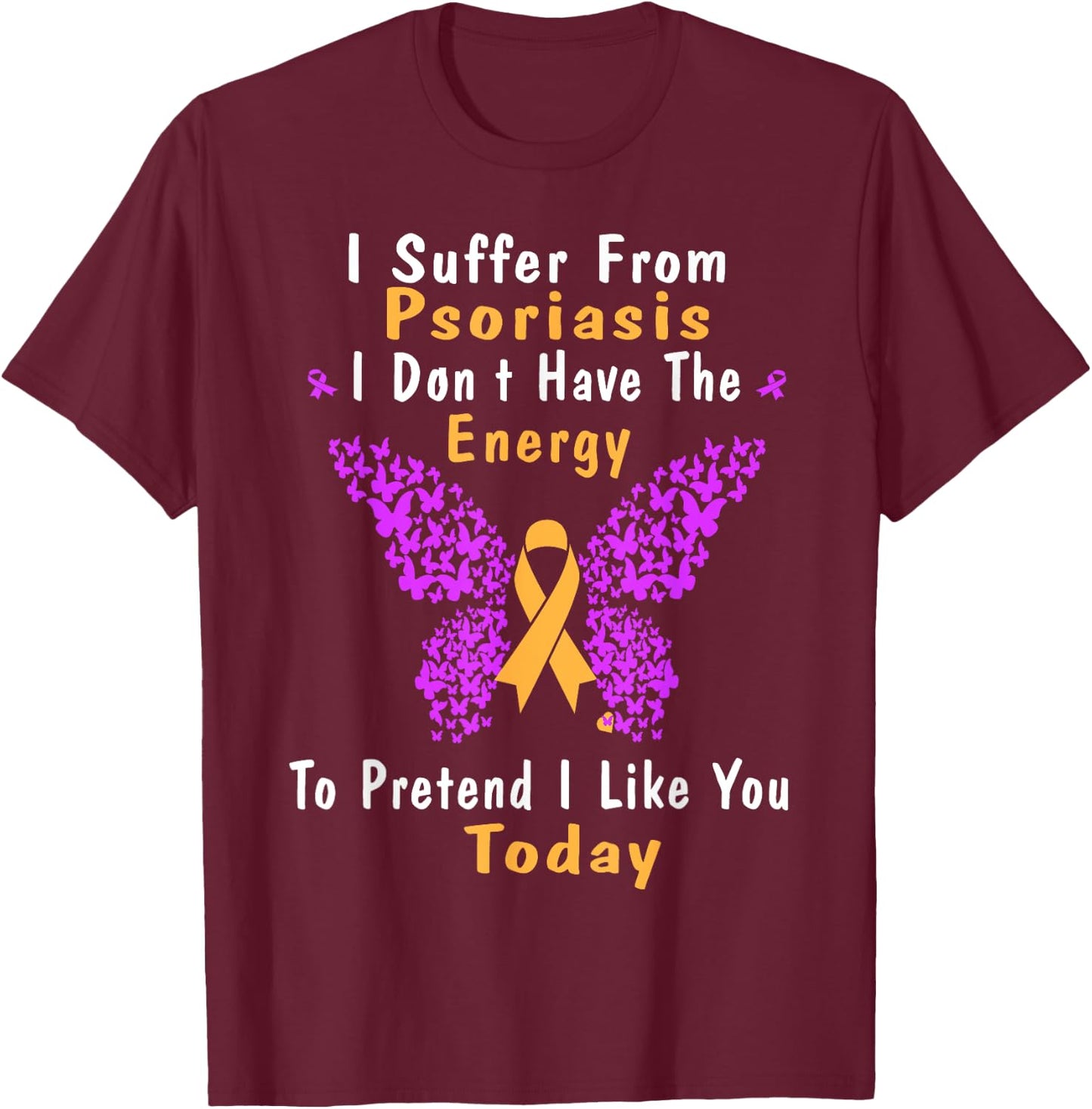 Psoriasis Awareness Butterfly Purple and Orange Ribbon T-Shirt - T-Shirt | Maroon