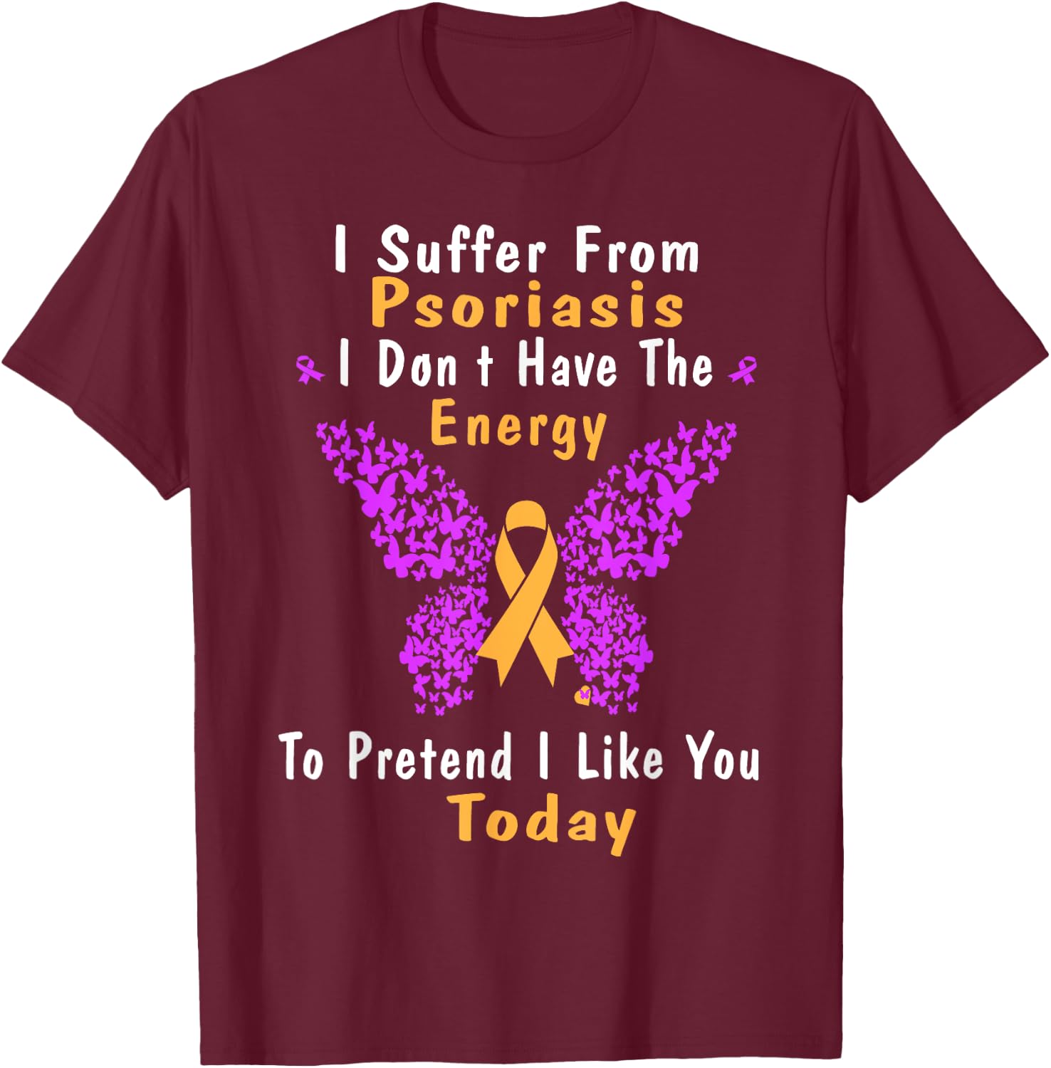 Psoriasis Awareness Butterfly Purple and Orange Ribbon T-Shirt - T-Shirt | Maroon