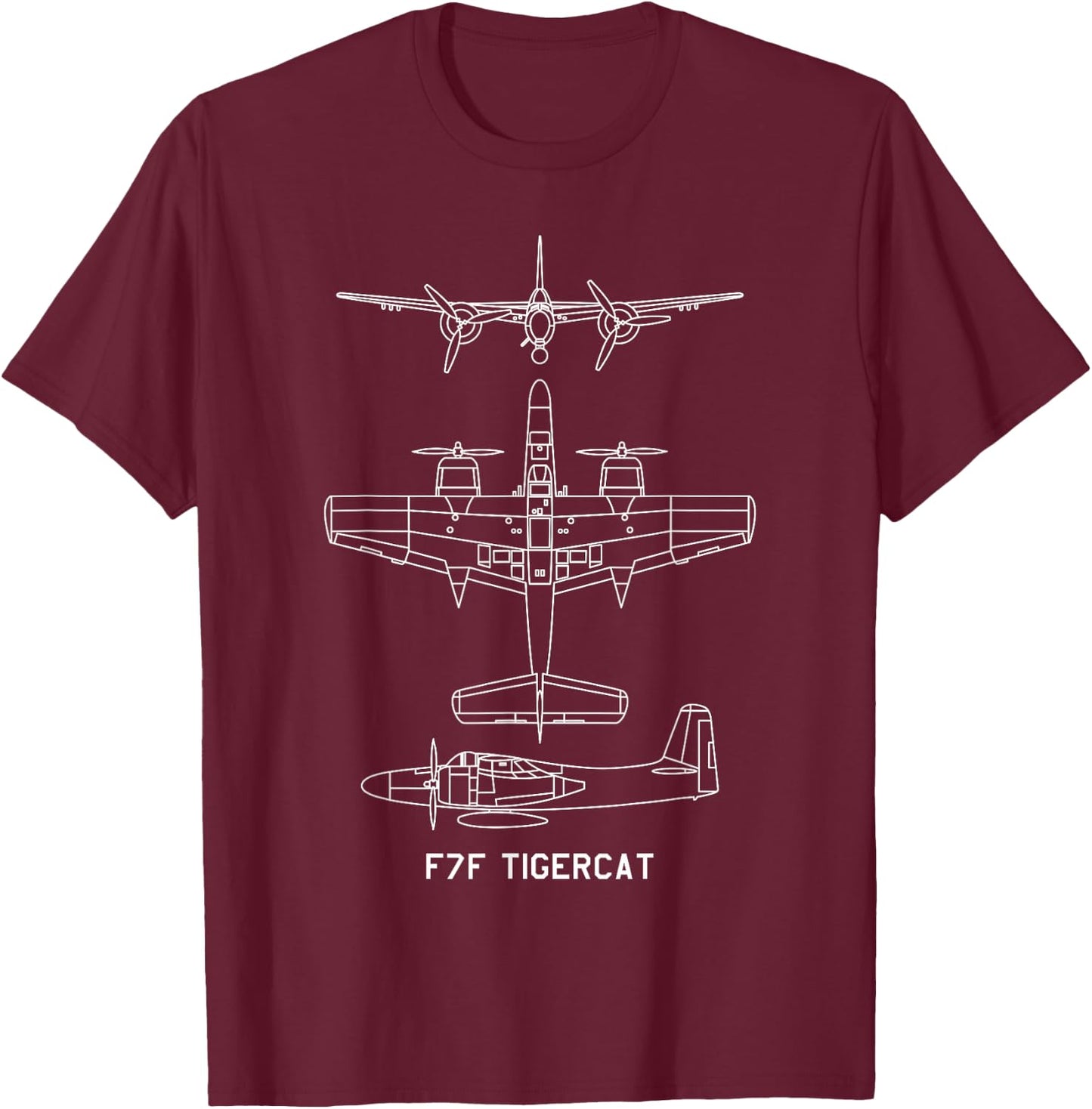 F7F Tigercat American WW2 Fighter Aircraft Blueprints T-Shirt - T-Shirt | Maroon