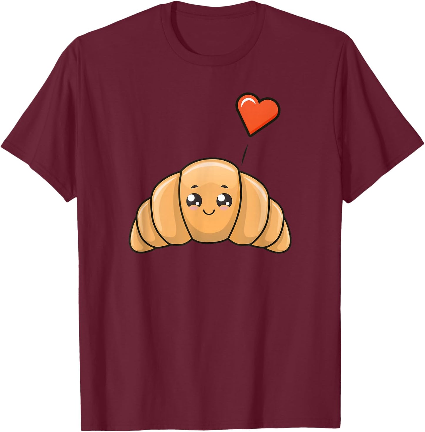 Cute Kawaii Illustration of Croissant T-Shirt - T-Shirt | Maroon