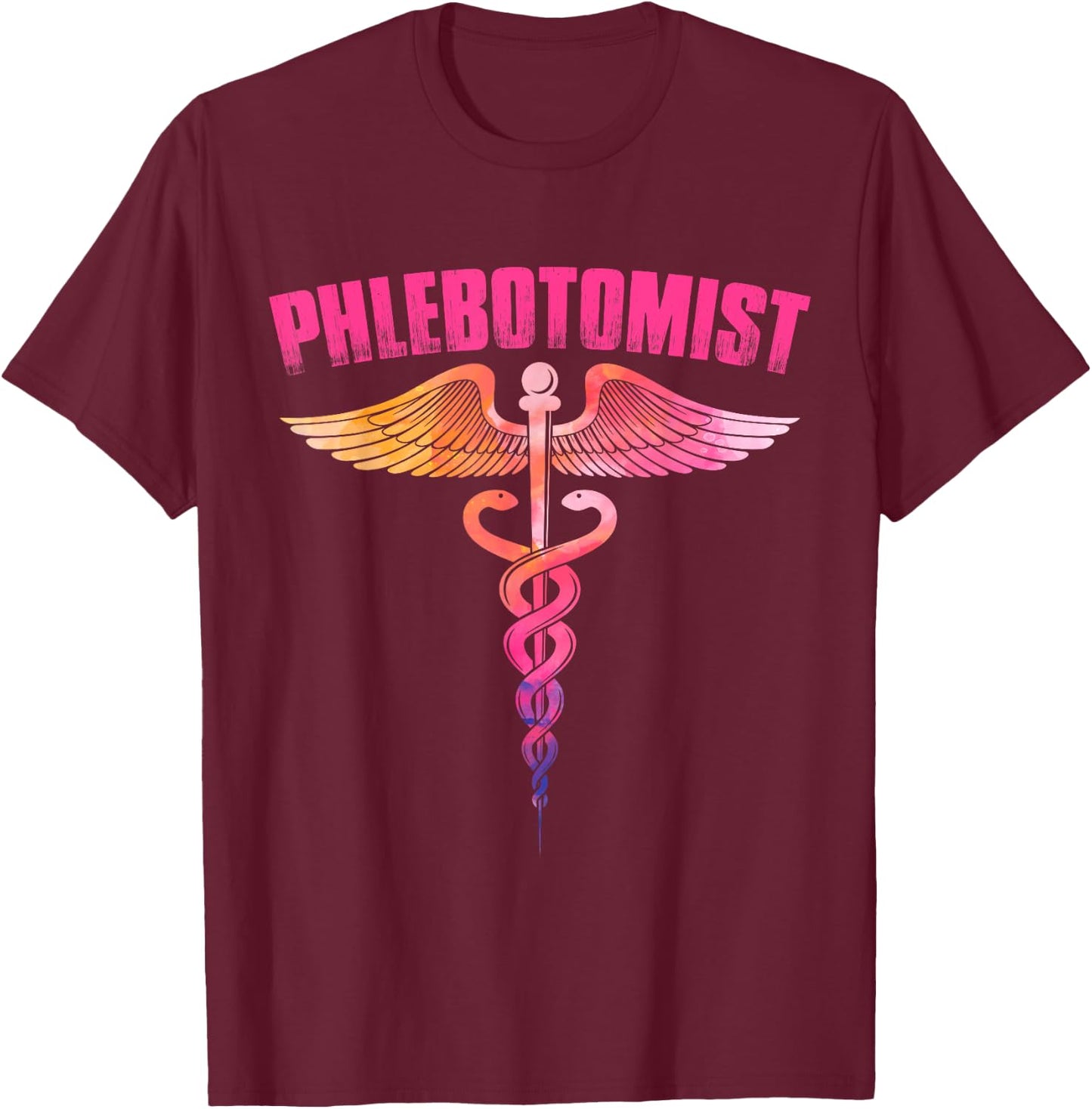 Colorful Watercolor Caduceus Phlebotomist Men Women Novelty T-Shirt - T-Shirt | Maroon