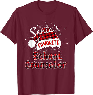 Funny Santa's Favorite School Counselor Christmas Plaid Xmas T-Shirt - T-Shirt | Maroon