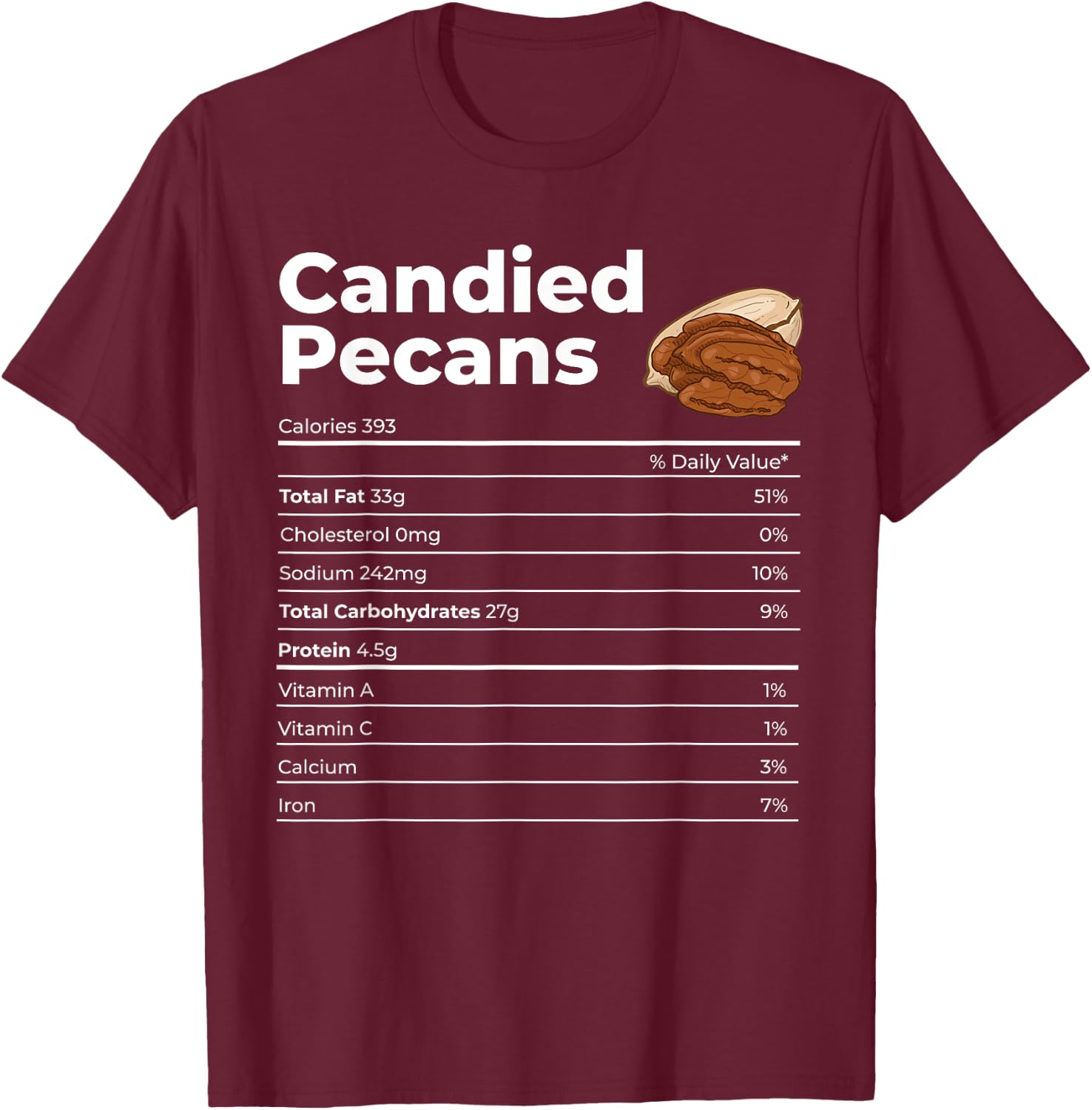 Nutrition Facts Candied Pecans T-Shirt - T-Shirt | Maroon