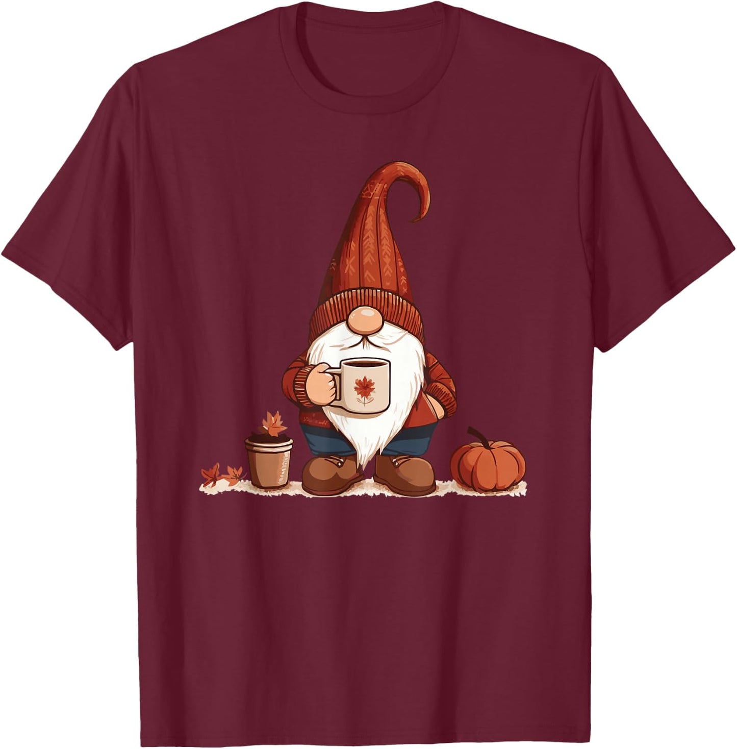 Fall Gnome with coffee cup T-Shirt - T-Shirt | Maroon