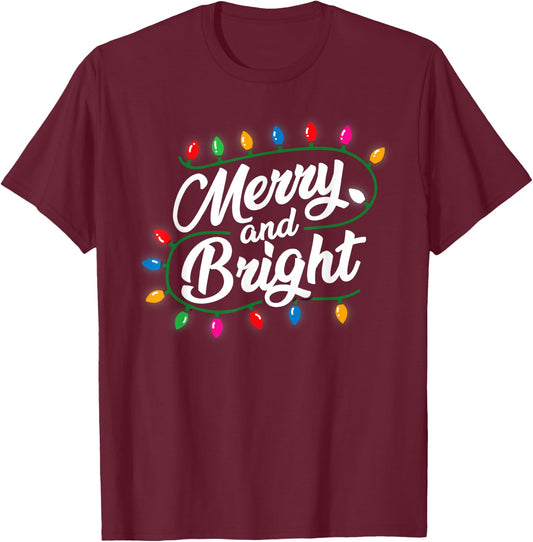 Funny Merry and Bright Christmas Lights Xmas Holiday Pajamas T-Shirt - T-Shirt | Maroon