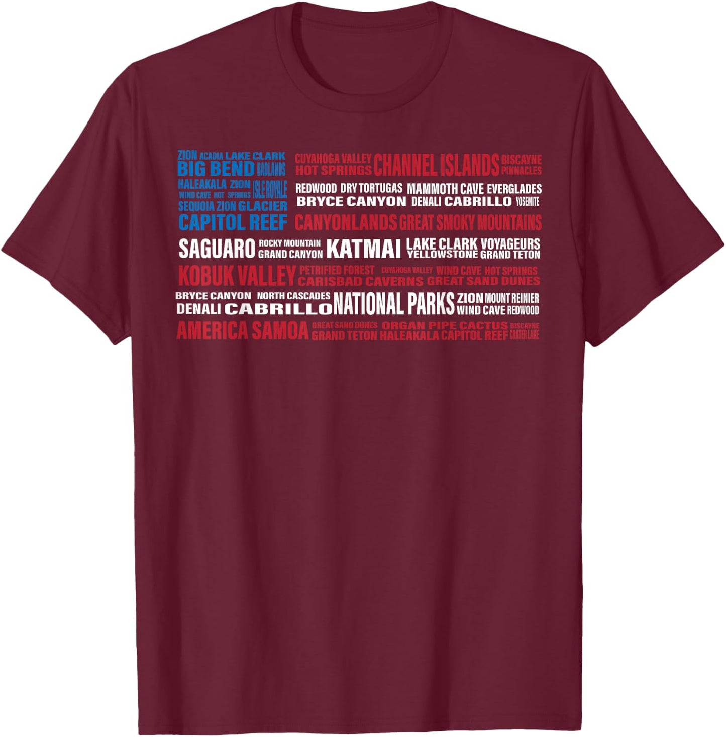 National Parks USA List Word US Map Camping & Hiking T-Shirt - T-Shirt | Maroon