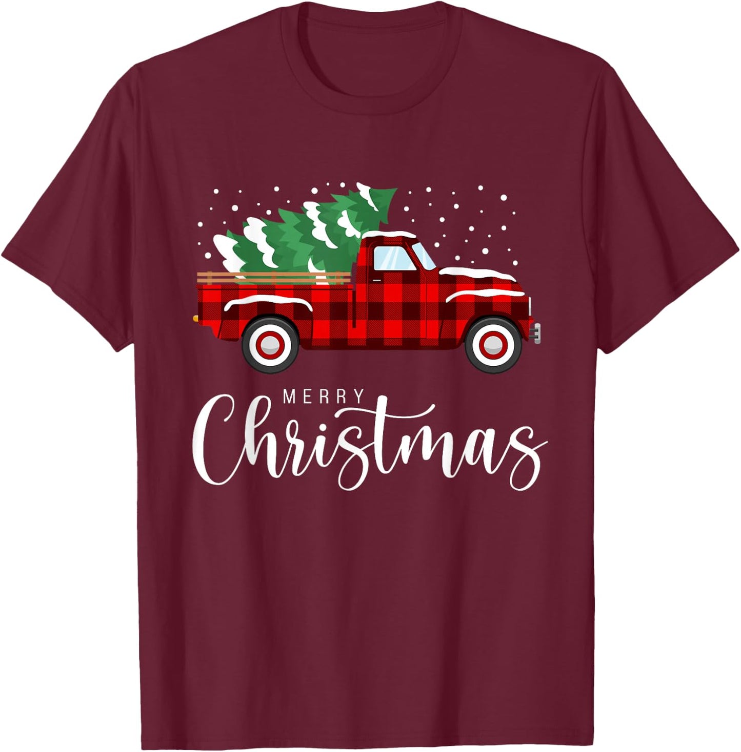 Merry Christmas Red Truck Buffalo Plaid Xmas Retro Vintage T-Shirt - T-Shirt | Maroon