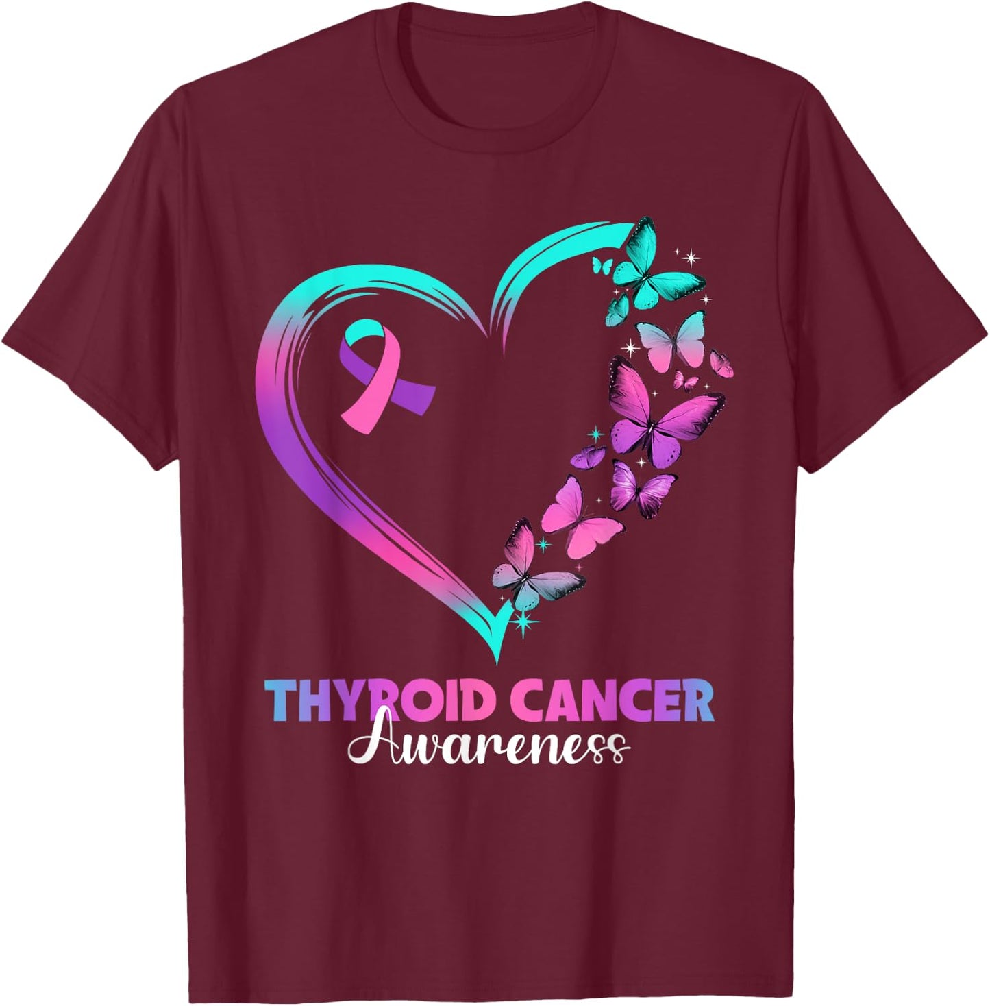 Butterfly Heart Ribbon Thyroid Cancer Awareness Warrior T-Shirt - T-Shirt | Maroon