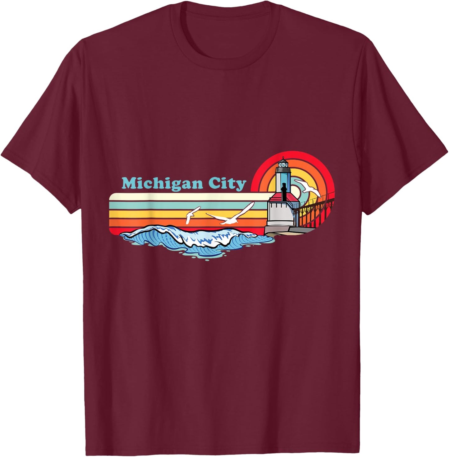 Michigan City Indiana Retro Beach Design with Lighthouse Men Women Girls Kids T-Shirt - T-Shirt | Maroon