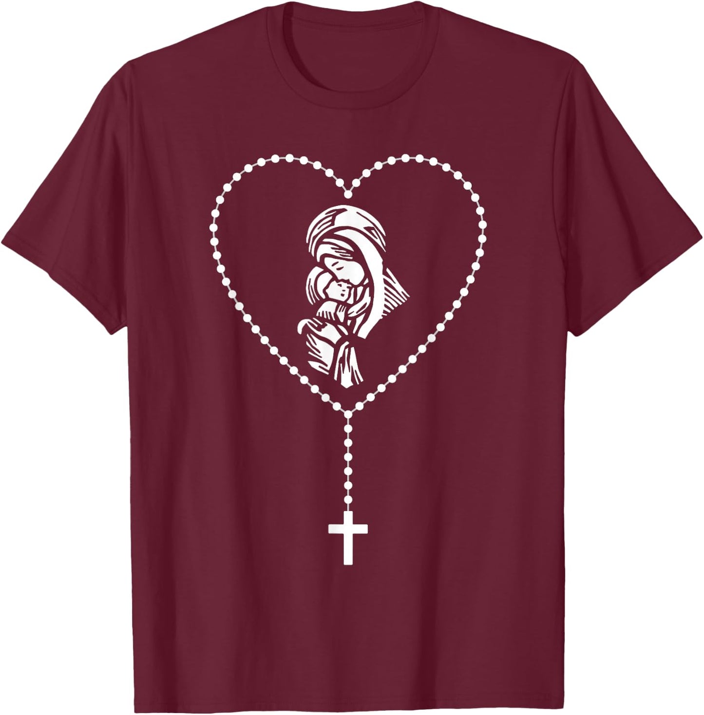 Rosary Cross Virgin Mary Jesus Catholic Faith Christian Gift T-Shirt - T-Shirt | Maroon