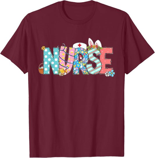 Easter Nurse With Stethoscope And Easter Eggs Nurse Easter T-Shirt - T-Shirt | Maroon