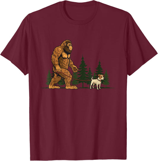 Funny Jack Russell Bigfoot Dog Walking Dog Mom Dad Kids T-Shirt - T-Shirt | Maroon