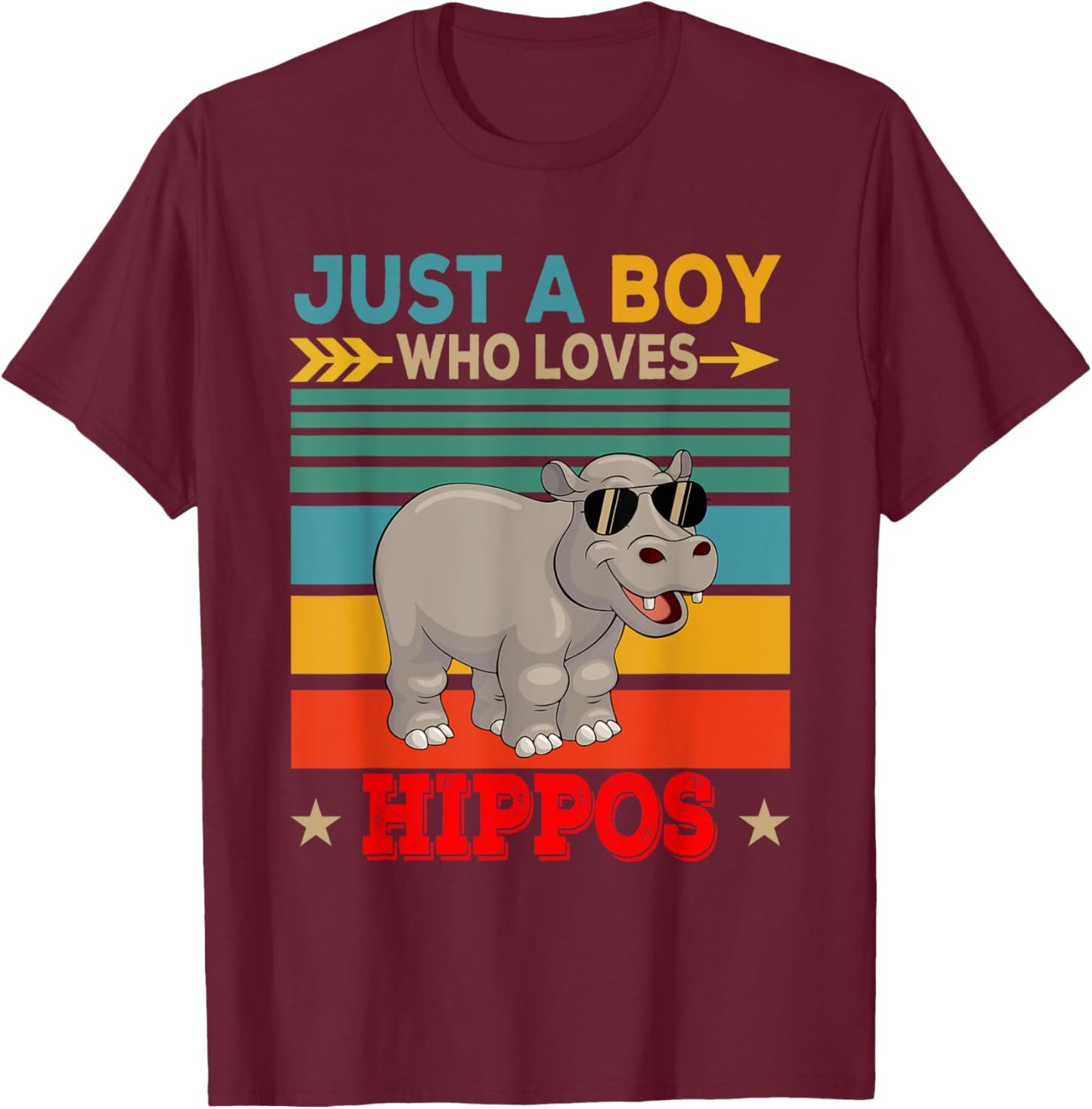 Vintage Retro Just A Boy Who Loves Hippos Cute Sunglasses T-Shirt - T-Shirt | Maroon