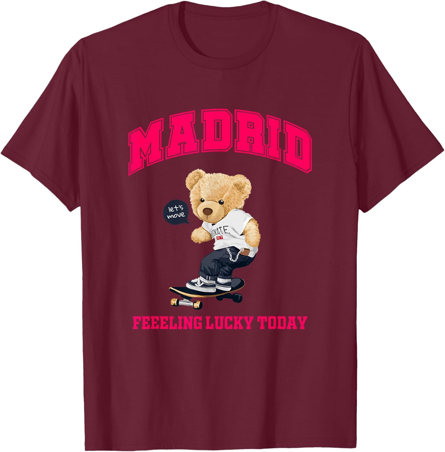 Cool Madrid Spain Teddy Bear Illustration Graphic Cartoon T-Shirt - T-Shirt | Maroon