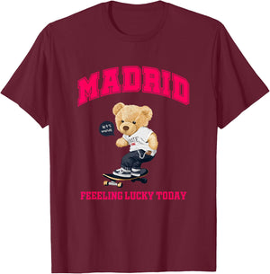 Cool Madrid Spain Teddy Bear Illustration Graphic Cartoon T-Shirt - T-Shirt | Maroon