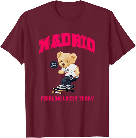 Cool Madrid Spain Teddy Bear Illustration Graphic Cartoon T-Shirt - T-Shirt | Maroon