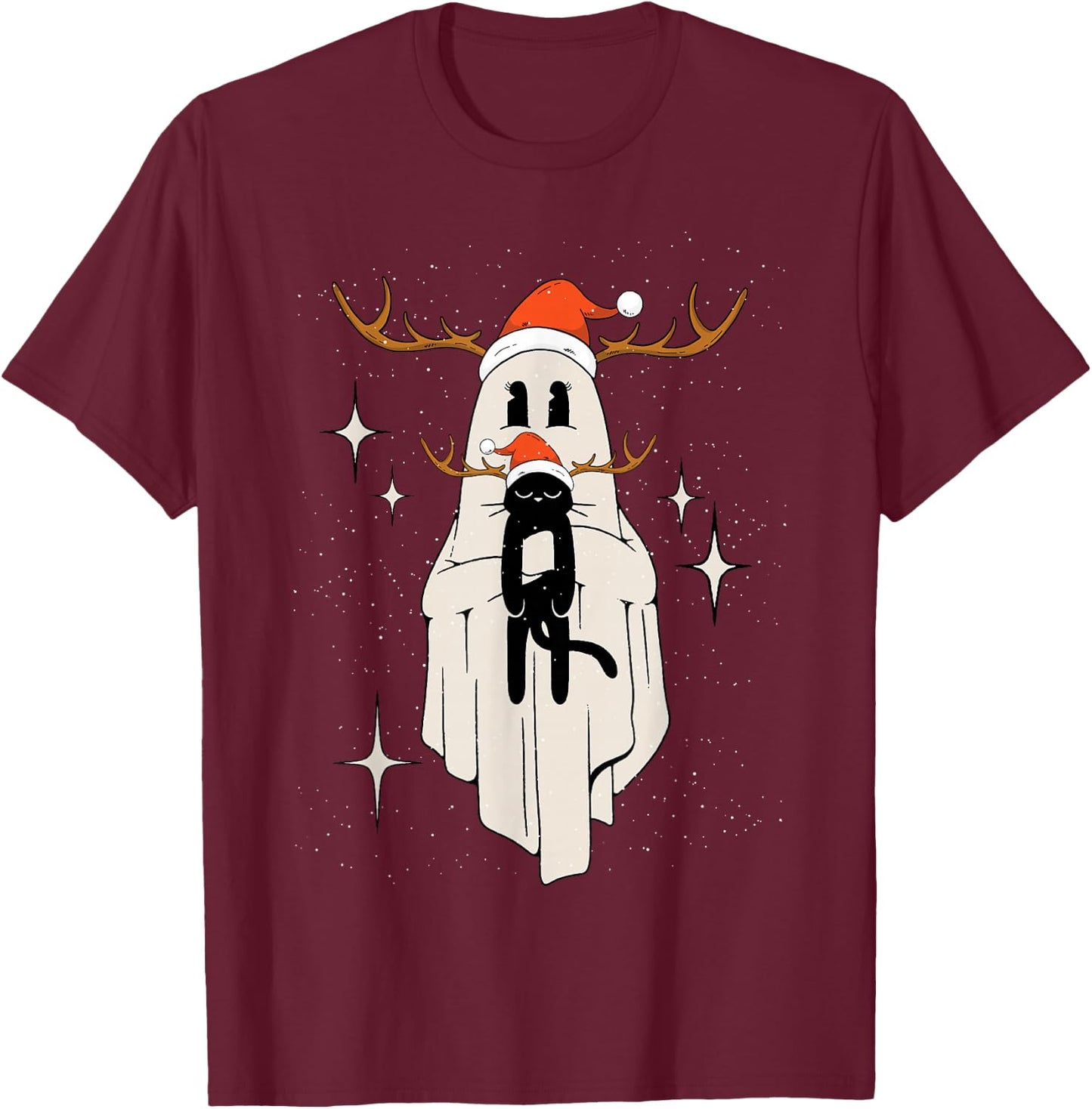 Cute Ghost with Santa Hat holding Black Cat - Kids Women Men T-Shirt - T-Shirt | Maroon