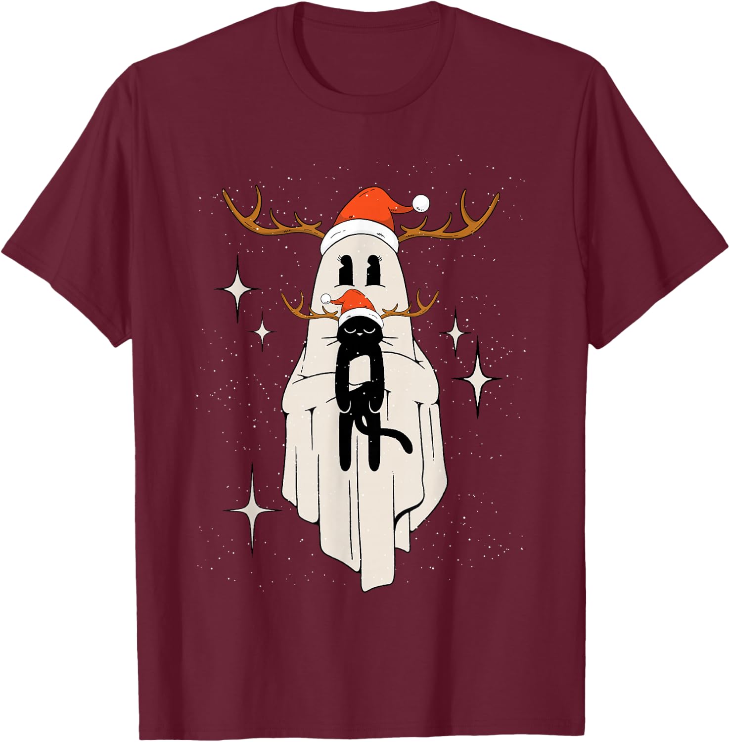 Cute Ghost with Santa Hat holding Black Cat - Kids Women Men T-Shirt - T-Shirt | Maroon