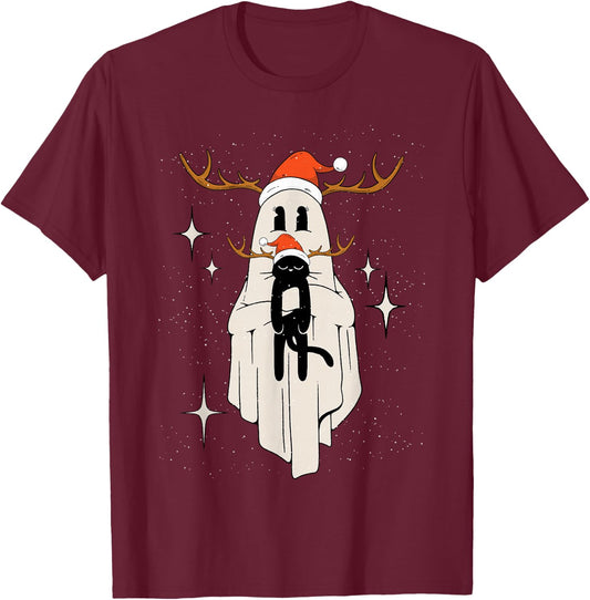 Cute Ghost with Santa Hat holding Black Cat - Kids Women Men T-Shirt - T-Shirt | Maroon
