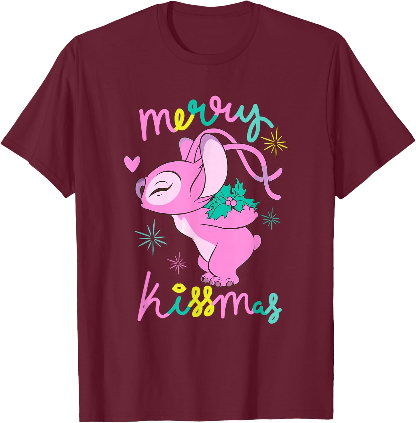 Disney Lilo & Stitch Christmas Angel Merry Kissmas Mistletoe T-Shirt - T-Shirt | Maroon