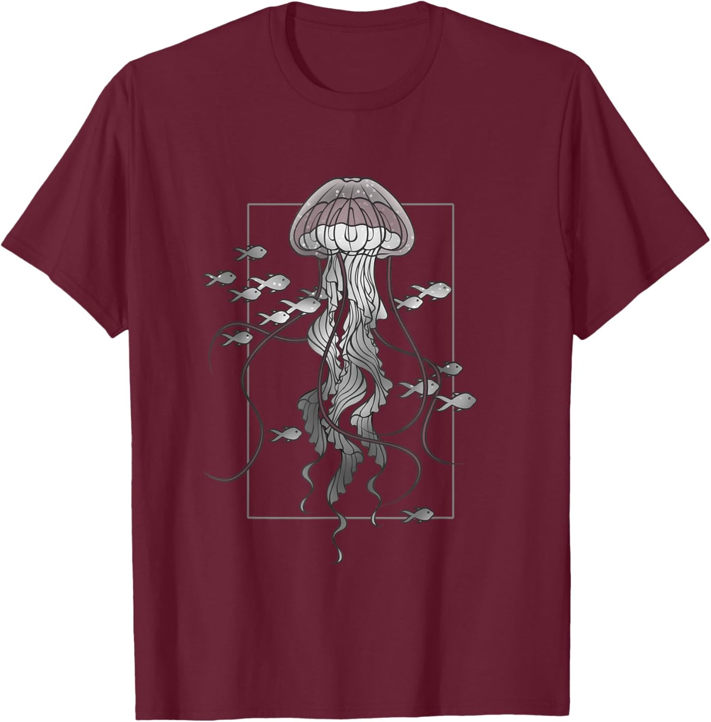 Jellyfish with Fishes Graphic in Sea T-Shirt - T-Shirt | Maroon