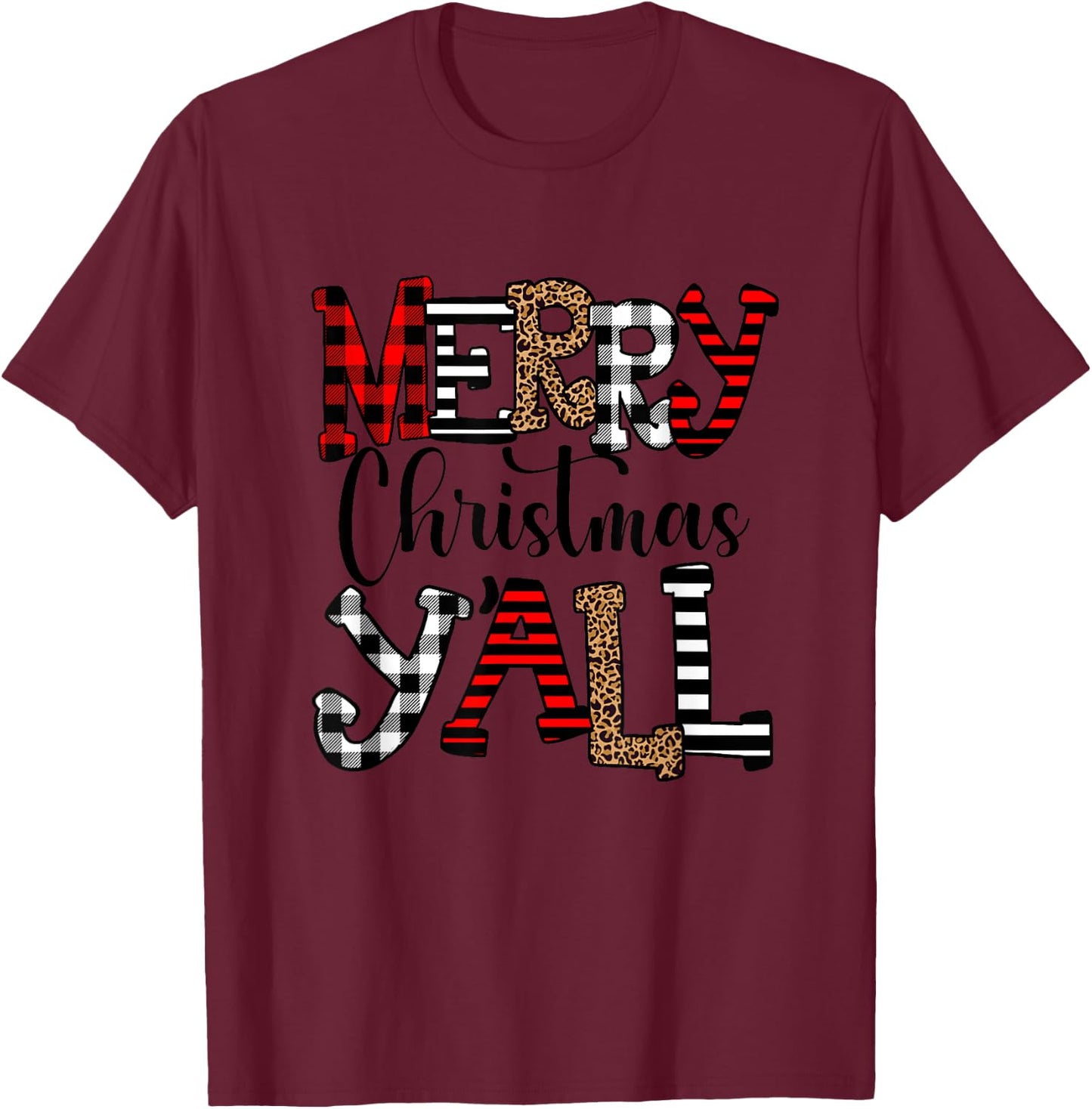Western Country Merry Christmas Ya'll Leopard Buffalo Plaid T-Shirt - T-Shirt | Maroon