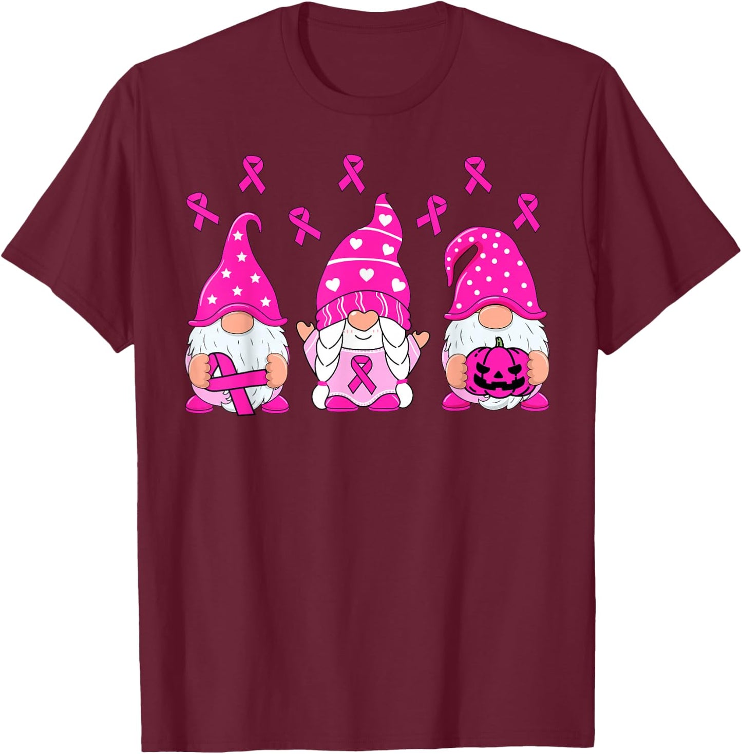 Breast Cancer Awareness Gnome Pumpkin Pink Ribbon Women Kids T-Shirt - T-Shirt | Maroon